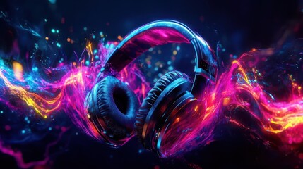 surreal soundwave sculpture erupting from neon-drenched headphones, liquid color splashes, electric energy tendrils, psychedelic audio visualization
