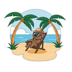 vector illustration of a dog sitting on a chair enjoying the beautiful beach © Zafaaa