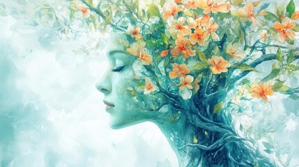 surreal tree-woman hybrid human face merging with blooming tree branches. vibrant flowers symbolizing growth and mental wellness. dreamy, watercolor-inspired digital illustration.