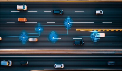 Futuristic aerial highway scene showcasing vehicles with digital connectivity symbols, highlighting advanced automotive technology and smart transport solutions.