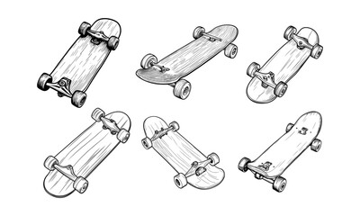 Hand drawn skateboard illustration. Retro style graphic design for skateboarding enthusiasts.
