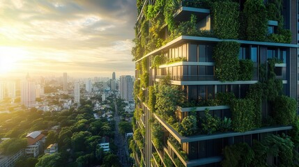 sustainable skyscraper with living walls, solar panels, and sky gardens, seamlessly integrated into a green urban landscape