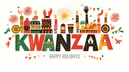 Naklejka premium Happy Kwanza. Holiday African symbols with lettering on a white background.