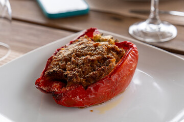 Red pepper stuffed with meat and vegetables cheese gratin Azores Portugal