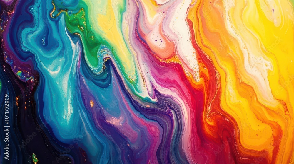 Poster swirling abstract artwork of marbled acrylic paint. vibrant rainbow hues blend and ripple in mesmeri