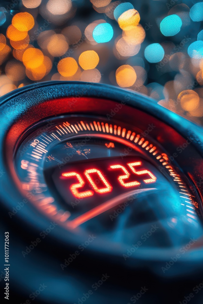 Poster futuristic speedometer with glowing numbers displaying the year 2025 and vibrant arrow indicating ac
