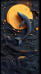 A 3D minimal whale jumping out of the ocean, the waves sparkling under the golden sun