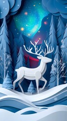 A 3D minimal reindeer walking through a snowy forest with northern lights glowing in the sky