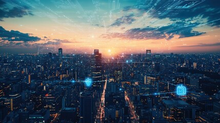 Obraz premium Stunning Sunset Cityscape with Towering Skyscrapers and Glowing Illuminations