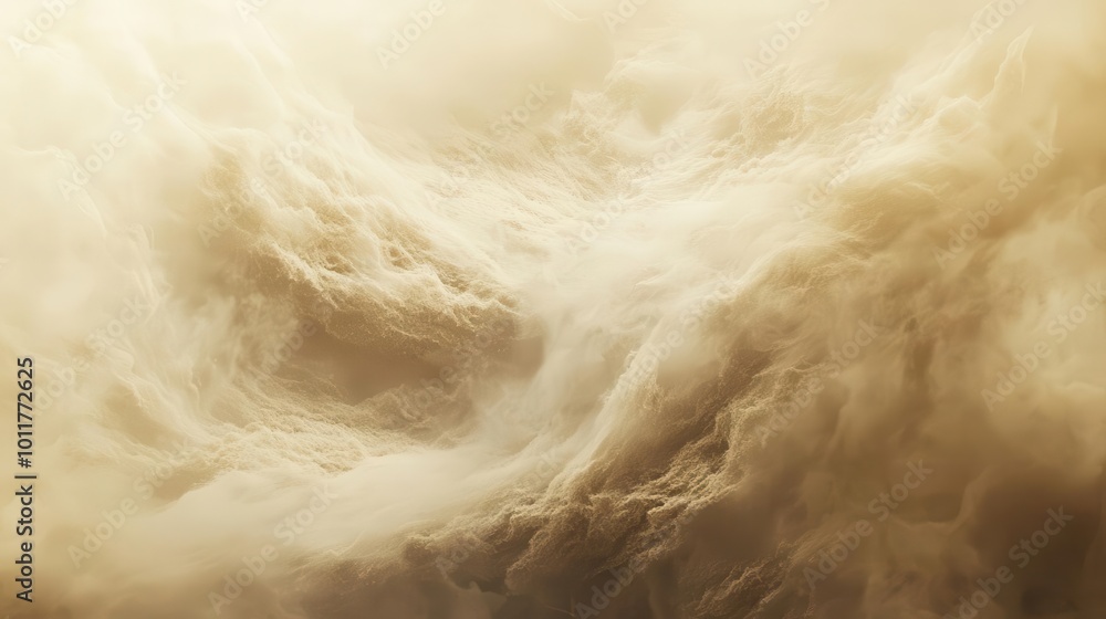 Poster swirling sand storm engulfs the frame, creating abstract patterns of beige and white. billowing clou