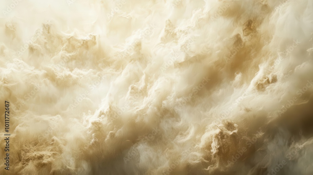 Poster swirling sand storm engulfs the frame, creating abstract patterns of beige and white. billowing clou