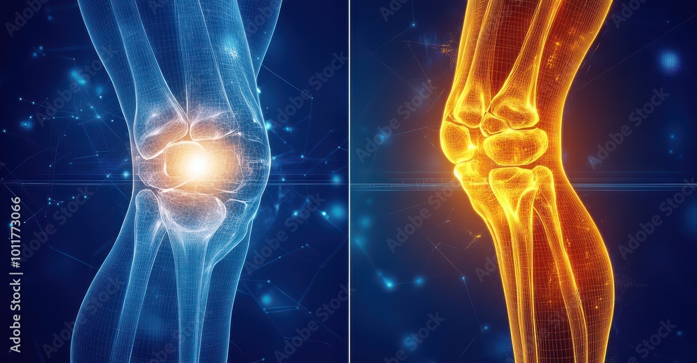 Poster split-screen image showing healthy knee joint anatomy and indication of inflammation or pain with hi