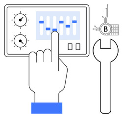 Hand adjusts dials on touchscreen with Bitcoin symbol and wrench. Ideal for technology, cryptocurrency, user interface, digital tools, automation. Cartoon-like and modern style