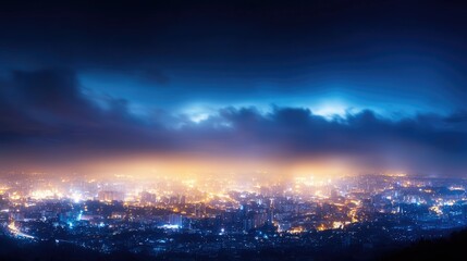 A panoramic nighttime cityscape illuminated by vibrant lights under a dramatic sky, featuring a blend of blues and oranges.