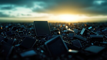 A striking scene of scattered microchips glinting in the sunlight, set against a dramatic sky, symbolizing technology and innovation.
