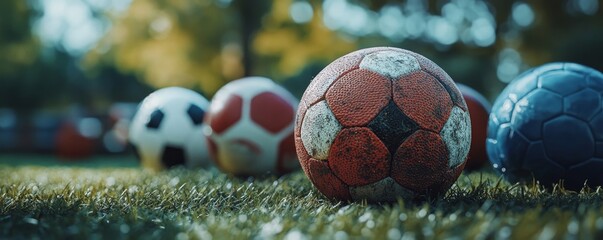 Close-up Of Various Sport Equipments On Pitch, Generative AI