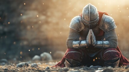 Fototapeta premium A knight in armor kneels in prayer, surrounded by a serene, dusty landscape.
