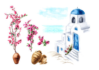 Element of traditional Greek architecture set, Mediterranean, Greece. Hand-drawn watercolor illustration isolated on white background