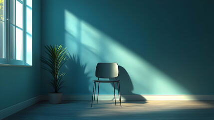 Teal Room with Single Chair and Sunlight 3D Illustration