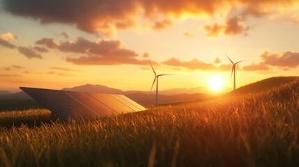 A serene landscape showcasing solar panels and wind turbines under a vibrant sunset, symbolizing renewable energy and sustainability.