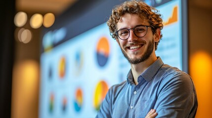 Dynamic Young Male CEO Presenting Company Performance on Futuristic Screen with Colorful Graphs and Market Insights to Engaged Audience