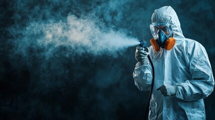 A pest control service worker in a white protective suit and mask sprays poisonous gas, with fog-like fumes spreading around, ensuring safety and thorough pest elimination