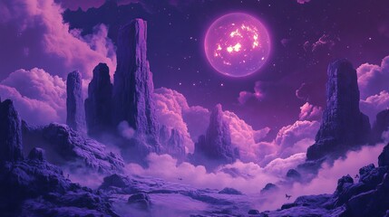 Fototapeta premium A purple alien world with rocky cliffs and a glowing celestial body in the sky. Fluffy clouds drift above the cosmic stone landscape.