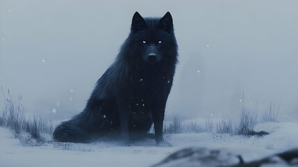 Naklejka premium Black Wolf Sitting in Snowy Landscape Illustration