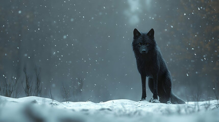 Obraz premium Black Wolf in a Wintery Landscape Illustration