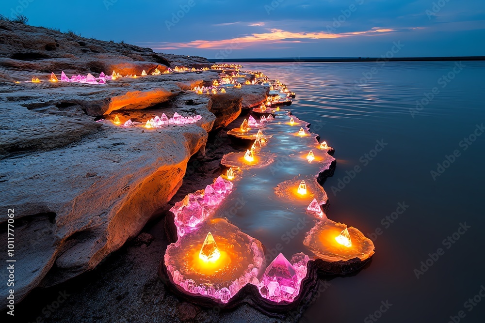 Poster A dreamlike Great Rift Valley with rivers of light flowing through the plains, where the cliffs are made of crystal and the wildlife glows softly in the twilight