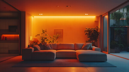 Living Room Interior Design 3D Rendering with Orange Lighting