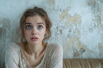 Fototapeta premium Shocked Woman Looking At Mold On Wall, Generative AI