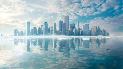 Melting City Skyline Reflecting in Flooded Urban Landscape