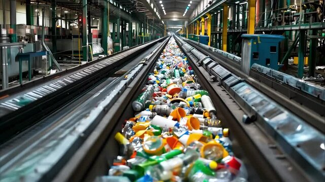 A conveyor belt in a recycling facility, filled with various types of plastic bottles and containers, ready for processing.