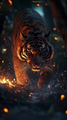 Majestic tiger illuminated by golden light walks through a dark forest, showcasing vibrant colors and stunning detail at night