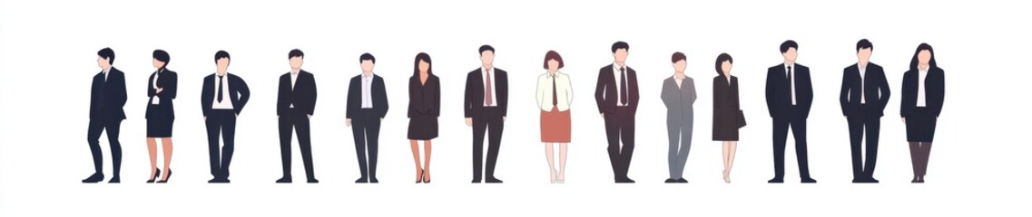 Obraz premium A group of business people standing in a row, illustration on a white background The design is simple, with flat colors Generative AI