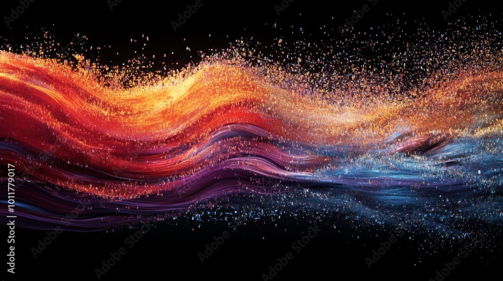 Poster vibrant abstract wave pattern in digital fragments on a black background