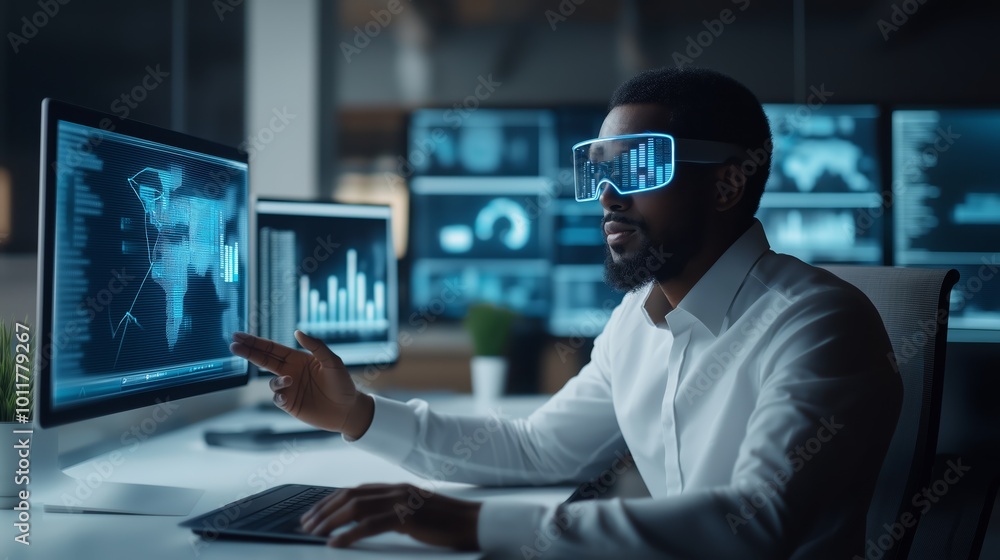 Poster businessman uses augmented reality glasses in a modern office to interact with digital data overlays