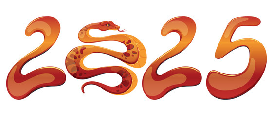 Vector illustration of lettering on the theme of Chinese New Year 2025, Numbers 2025, symbol of the year - Snake. Red-orange palette. Design of New Year content, postcards