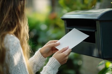 Woman putting envelope in mailbox, Generative AI