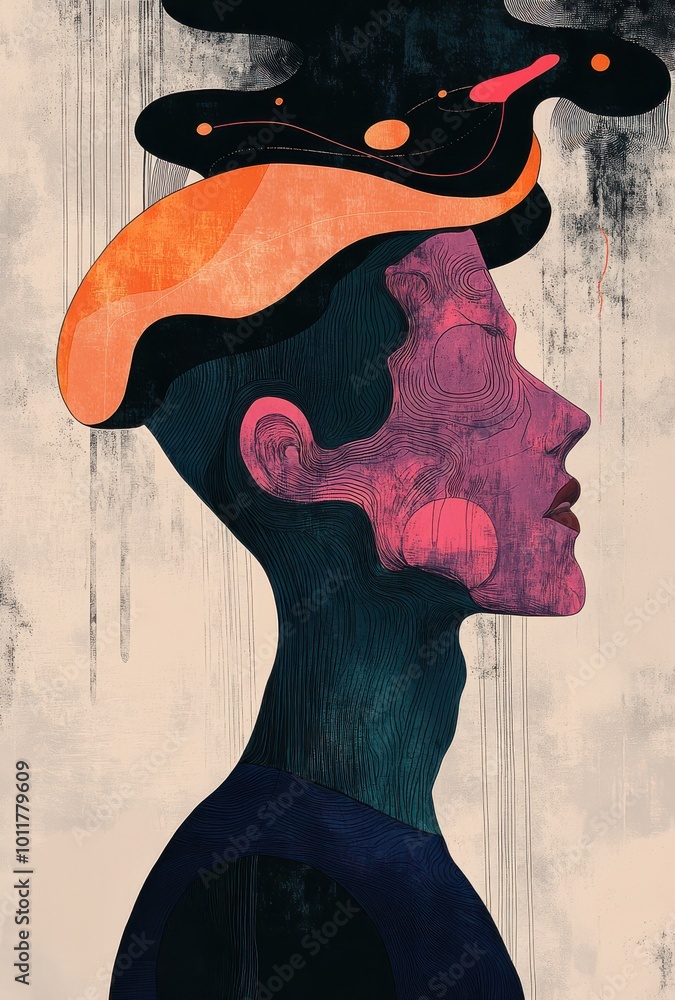 Aufkleber surreal illustration of a profile view of a person wearing a colorful cap with abstract lines and vi