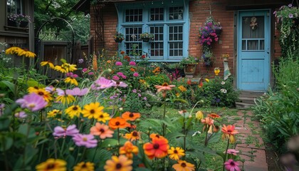 Obraz premium Bohemian garden with vibrant flowers, eclectic and inviting, Urban, Soft hues, Photograph, Artistic living
