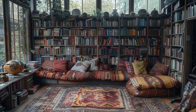 Bohemian library with eclectic decor, cozy and inviting, Urban, Soft tones, Photograph, Artistic living