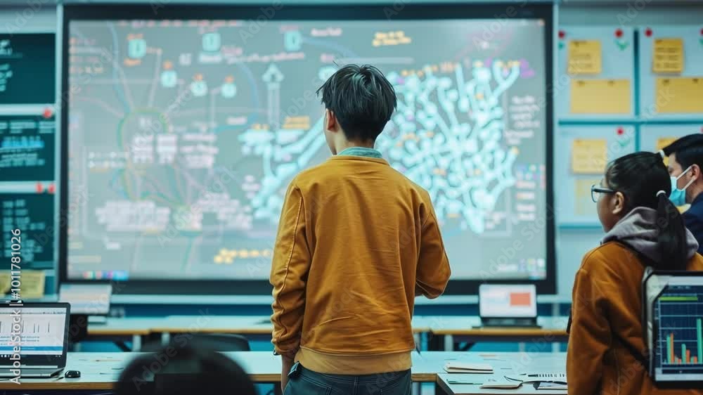 Poster two students are standing in a modern classroom, looking at a large digital screen displaying a comp