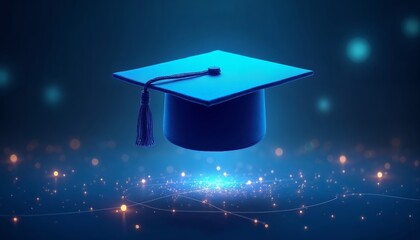 A Blue Graduation Cap Floating Above a Glowing Background with Sparkling Lights Perfect for Celebratory Themes