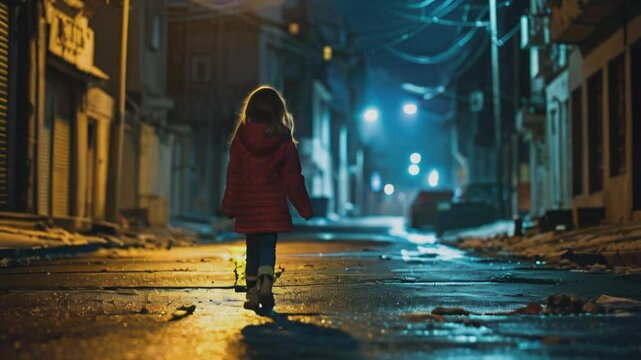 A young girl, walks alone down a dimly lit, desolate street at night. The street is lined with abandoned buildings, and debris is scattered on the ground, creating a post-apocalyptic atmosphere.