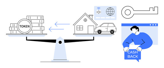 Balanced scales with digital tokens on one side and a house and car on the other. Icons of a key, internet, and cashback emphasize exchange and rewards. Ideal for finance, technology, real estate