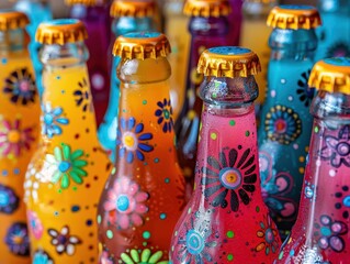 Craft soda design with vibrant labels, artistic and dynamic, Culinary, Bright hues, Photograph, Marketing creativity