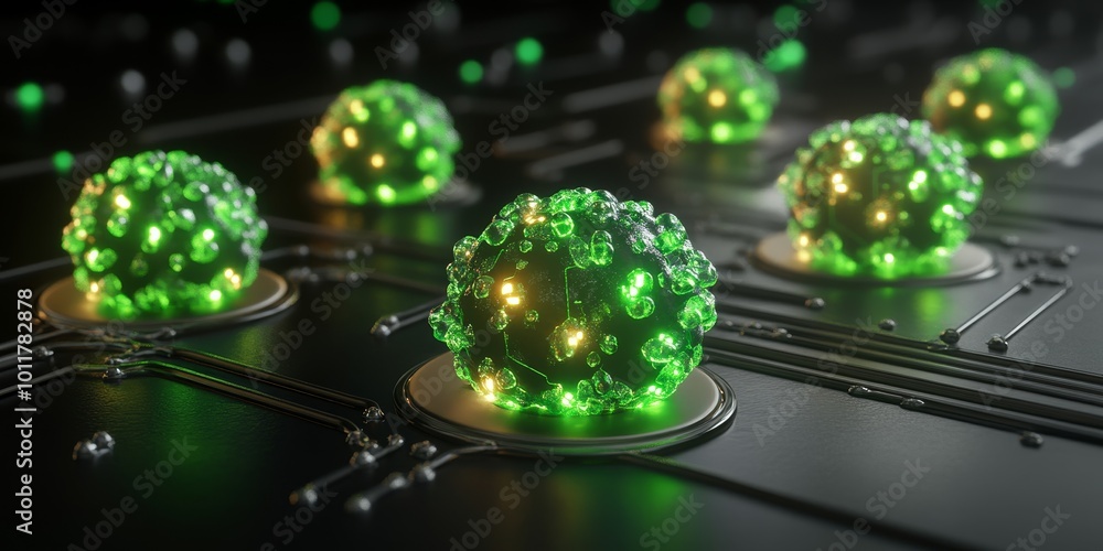 Poster Bioelectronic Cell Network: Depict a bioelectronic network of cells where signals flow through visible circuits, bridging the gap between biology and technology, symboliz