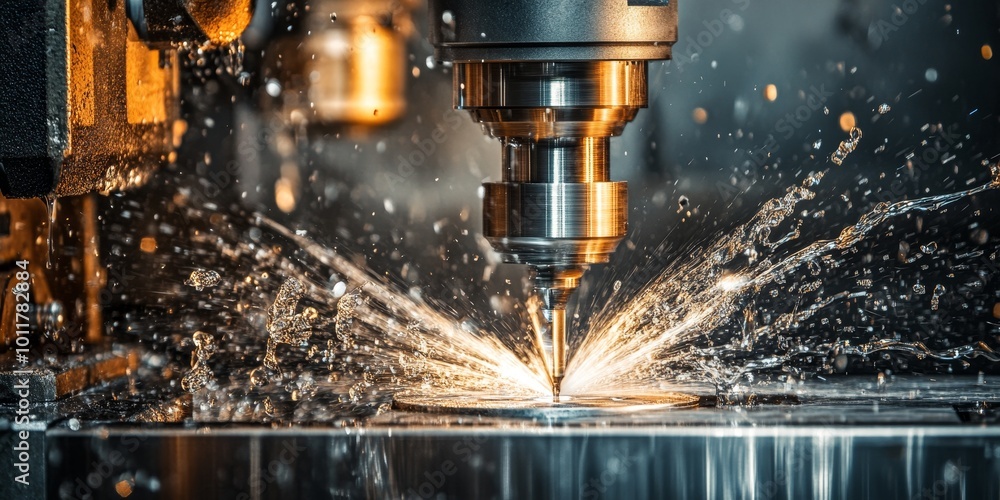 Poster CNC Machine in Action: Illustrate a CNC (Computer Numerical Control) machine precision-cutting materials, showcasing intricate designs and manufacturing processes.